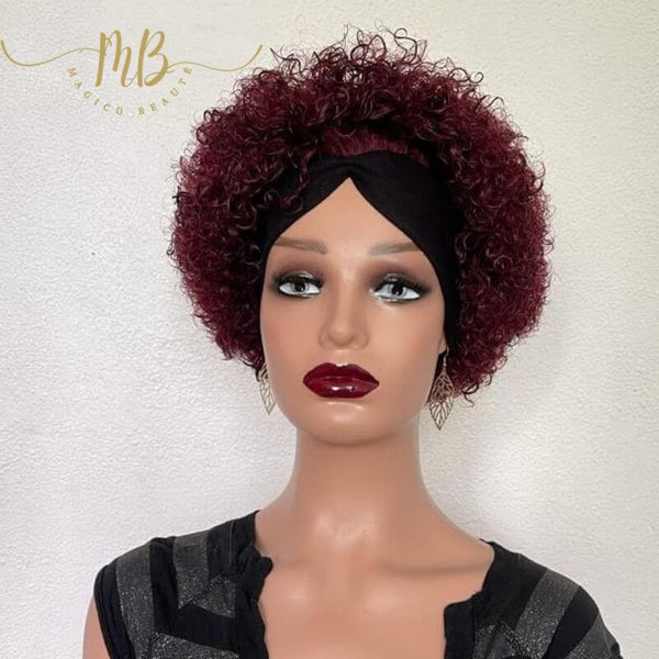 Perruque afro à bandeau de couleur rouge bordeaux 