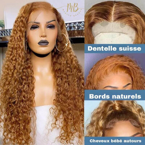 Perruque en cheveux naturels avec dentelle frontal couleur miel pour femme