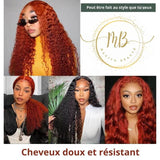 Perruque en cheveux naturels frisés de couleur orange foncée pour femme